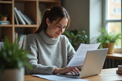 Femme consultant ses identifiants imprimés pour se connecter à Melanie2web sur son ordinateur portable dans un bureau à domicile