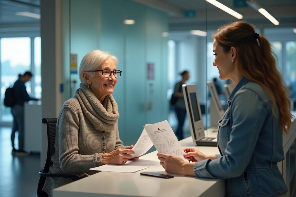 Femme retraitée souriante discutant avec une employée dans un centre d
