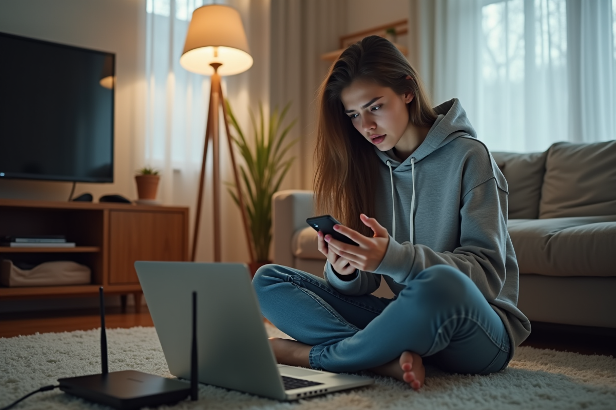 Jeune femme assise sur le sol avec ses appareils connectés dans un salon