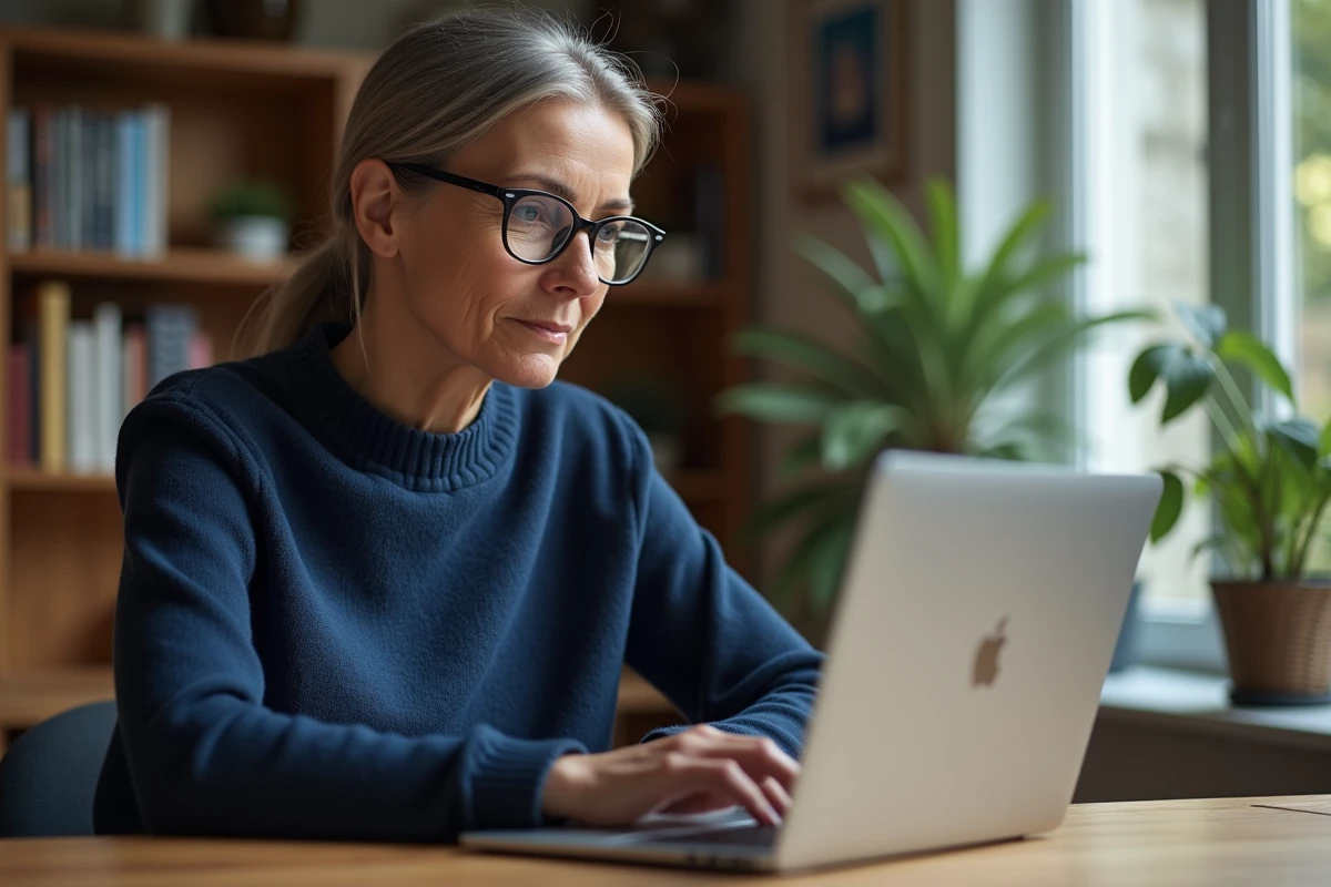 Femme utilisant Google Mon Activité sur son ordinateur portable pour sécuriser son compte Google à domicile