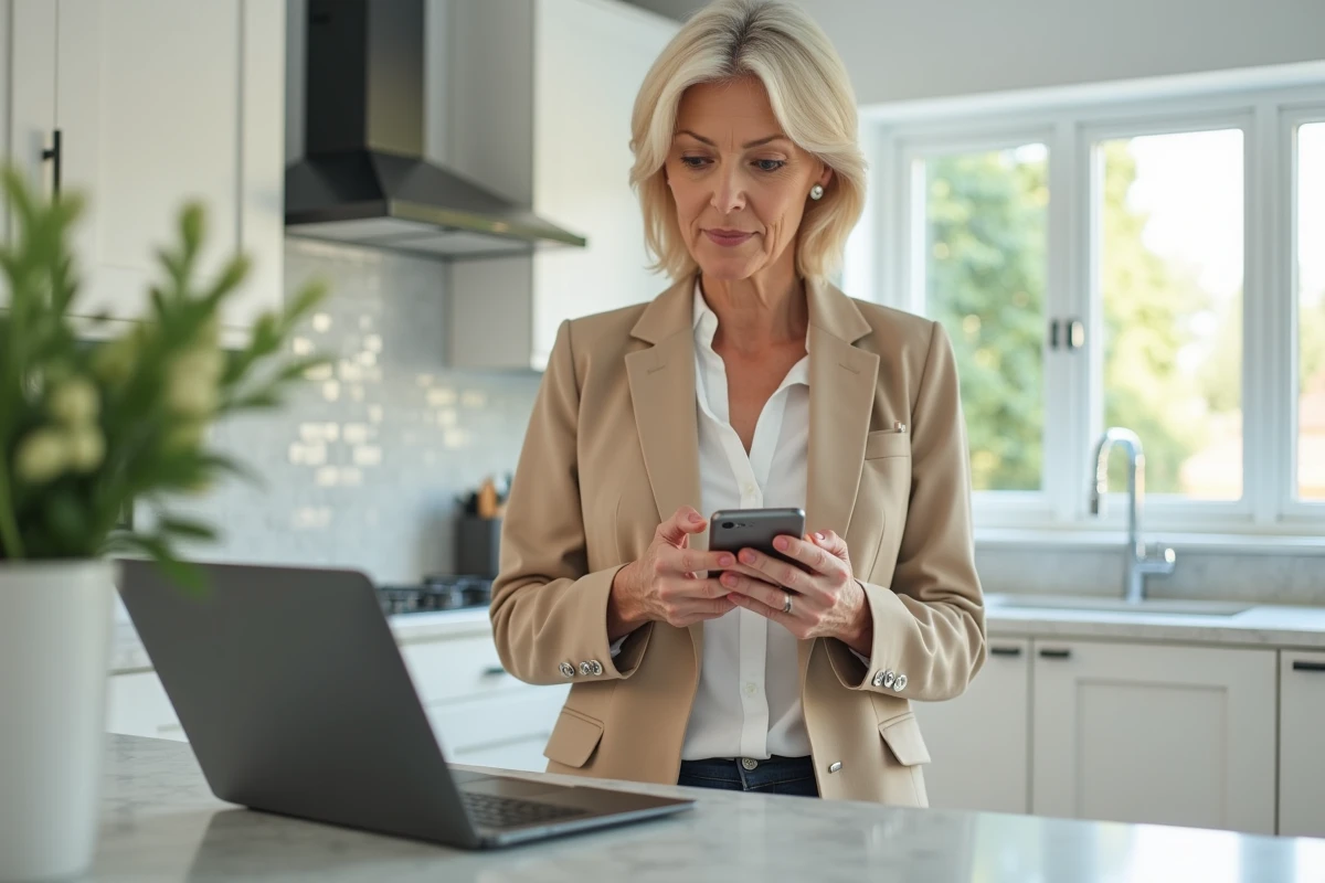 Femme d'âge mûr utilisant son smartphone et son ordinateur pour retrouver ses identifiants et effectuer une connexion rapide à Melanie2web