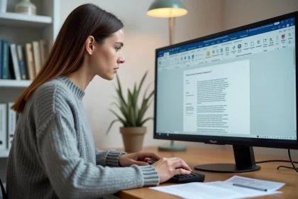 Femme travaillant sur un tableau Word bien formaté sur un grand écran dans un bureau à domicile moderne