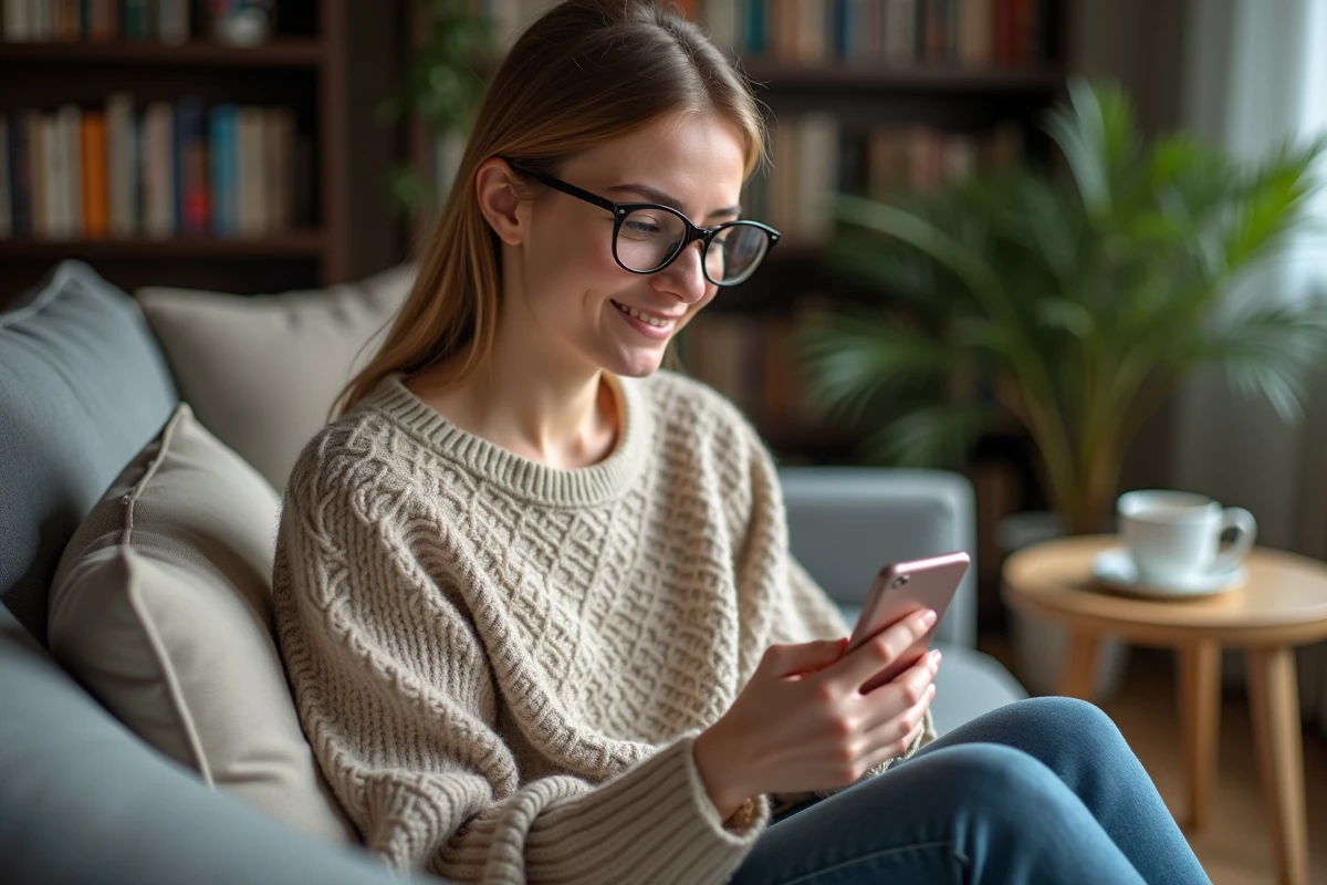 Femme en sweater utilisant son téléphone dans son salon