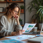 Résoudre l’impression incorrecte Canva : astuces et solutions faciles Femme examinant des impressions colorées dans un espace créatif