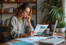 Résoudre l’impression incorrecte Canva : astuces et solutions faciles Femme examinant des impressions colorées dans un espace créatif
