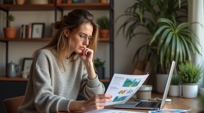 Résoudre l’impression incorrecte Canva : astuces et solutions faciles Femme examinant des impressions colorées dans un espace créatif