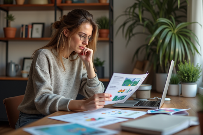 femme-travail-creation-impression Femme examinant des impressions colorées dans un espace créatif