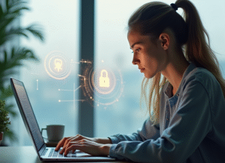 Dangers d’Internet : Comment se protéger efficacement en ligne ? Jeune femme travaillant à domicile avec icons de sécurité numérique