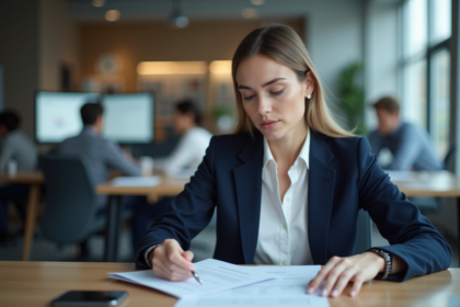 Femme concentrée en bureau vérifiant des documents sur la confidentialité