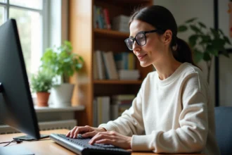 Femme concentrée tapant sur clavier ergonomique moderne