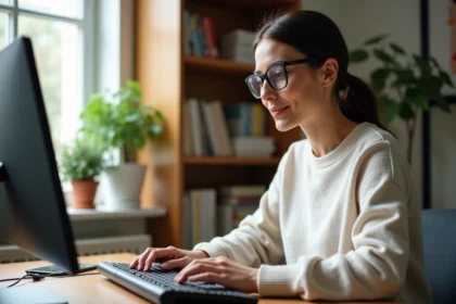 Femme concentrée tapant sur clavier ergonomique moderne