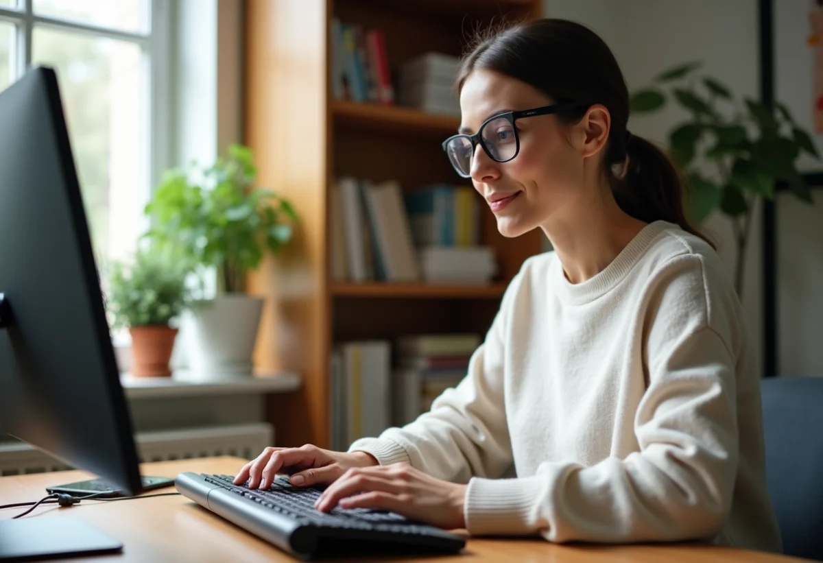 Femme concentrée tapant sur clavier ergonomique moderne