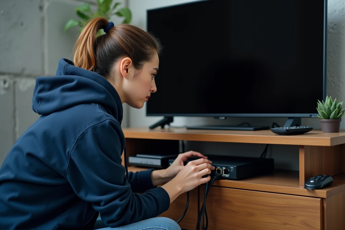 Femme vérifiant les câbles derrière le décodeur Freebox pour résoudre une panne TV