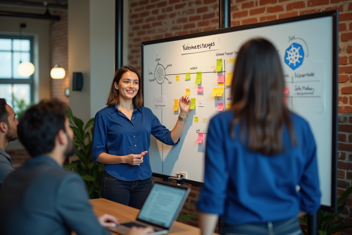 Femme expliquant un diagramme Kubernetes devant un tableau blanc