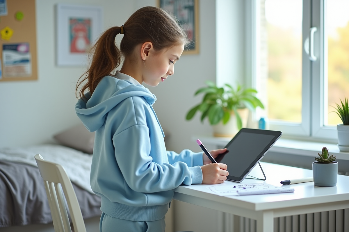 Adolescente dessinant sur une tablette dans sa chambre