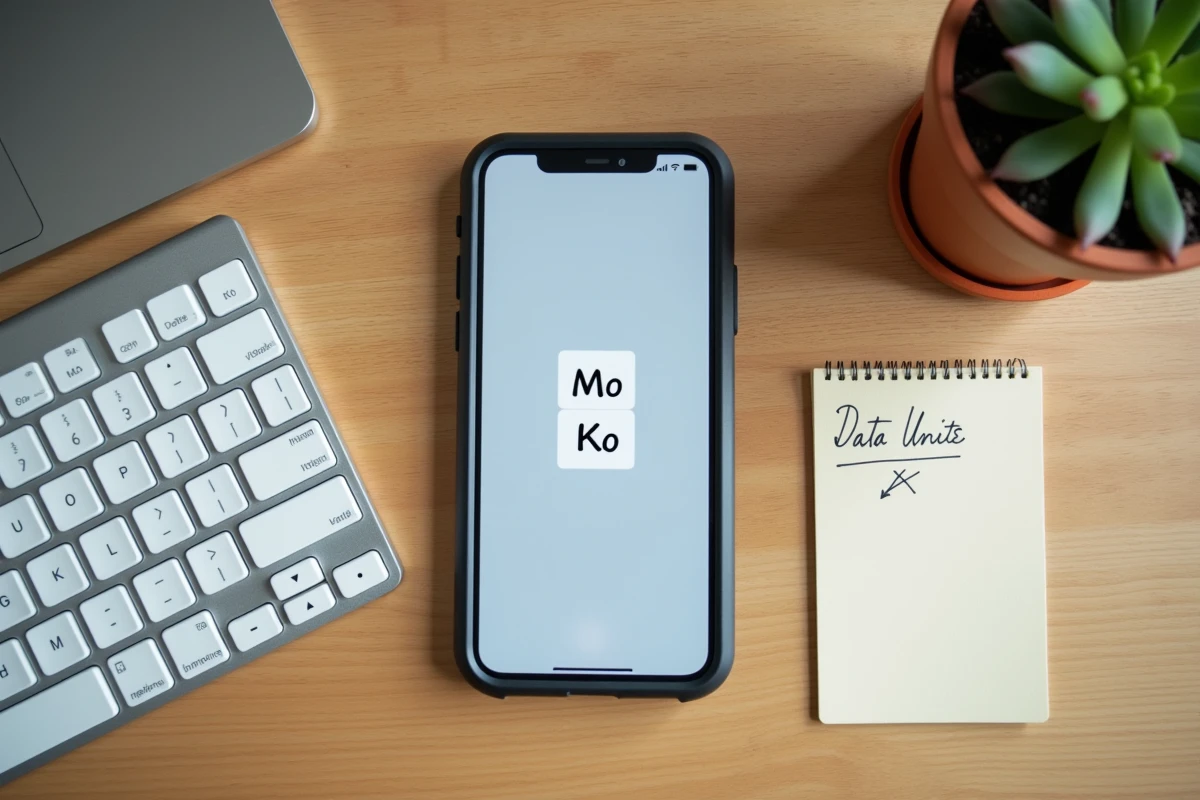 Flat lay d'un smartphone affichant une application de conversion Go Mo Ko avec une fiche mémo manuscrite