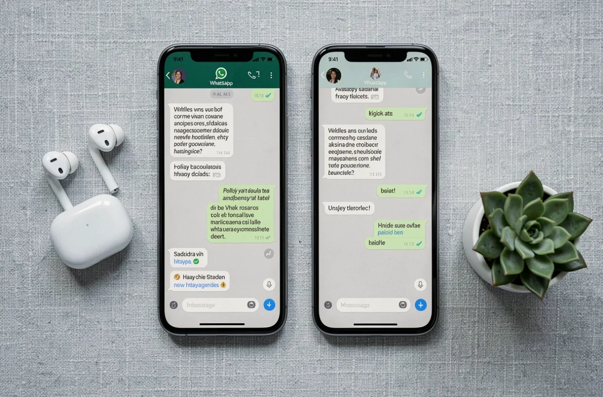 Vue aérienne de smartphones affichant des messages WhatsApp formatés en gras et italique sur fond gris textile