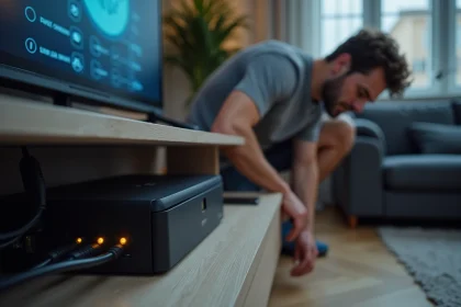 Homme dépannant une Freebox bloquée en boucle de redémarrage avec erreur 20 FF dans un salon moderne