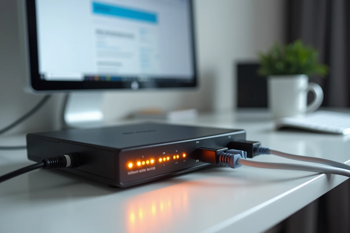 Gros plan sur une Freebox avec voyant orange clignotant bloqué à l'étape 1 sur un bureau de télétravail