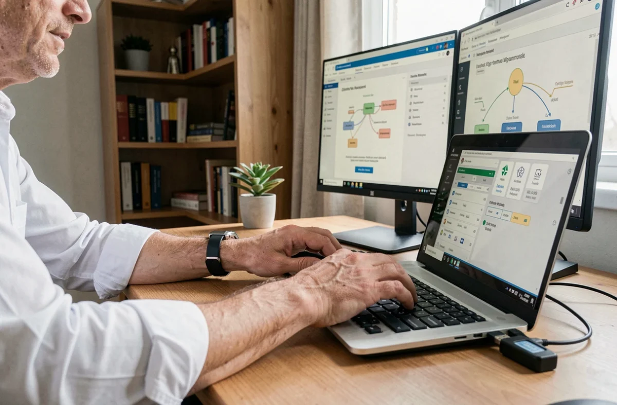 Gestionnaire de certificats SSL travaillant sur un tableau de bord de sécurité numérique depuis son bureau à domicile