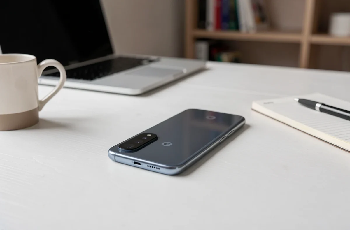 Google Pixel 6a posé sur un bureau blanc avec des accessoires, vue de dessus en style éditorial pour comparer les prix