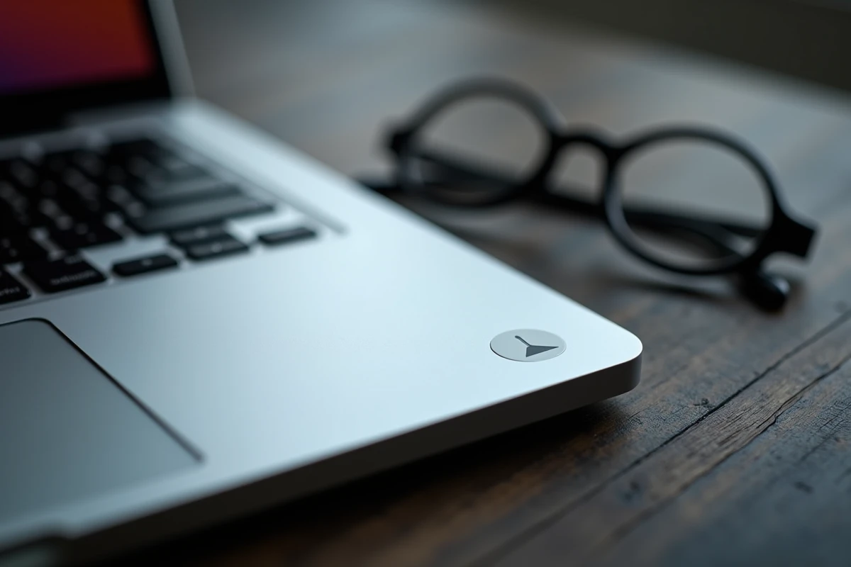 Gros plan macro sur la touche Maj d'un clavier MacBook Pro sur bureau en chêne