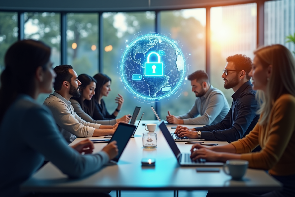Groupe de personnes utilisant tablettes avec symbole de securite informatique