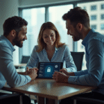 Groupe professionnel autour d'une tablette de sécurité informatique