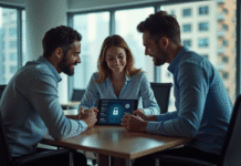 Groupe professionnel autour d'une tablette de sécurité informatique