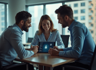 Groupe professionnel autour d'une tablette de sécurité informatique