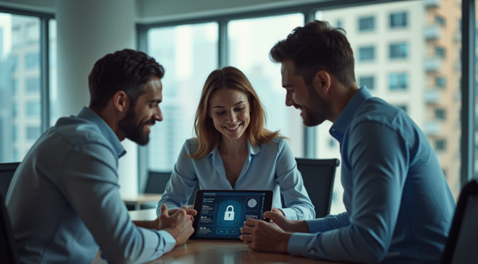 Groupe professionnel autour d'une tablette de sécurité informatique