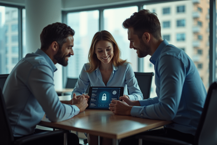 Groupe professionnel autour d'une tablette de sécurité informatique