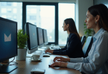 Groupe de professionnels au bureau avec écran d'email professionnel