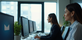Groupe de professionnels au bureau avec écran d'email professionnel
