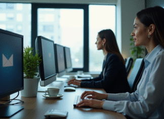 Groupe de professionnels au bureau avec écran d'email professionnel