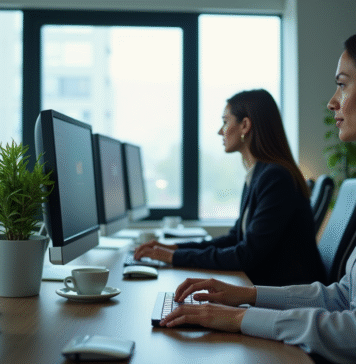 Groupe de professionnels au bureau avec écran d'email professionnel