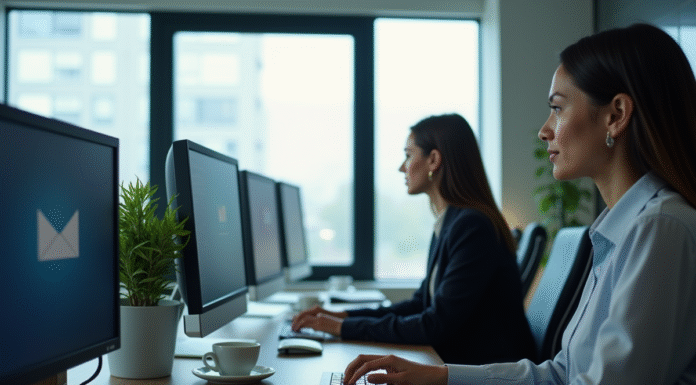 Groupe de professionnels au bureau avec écran d'email professionnel