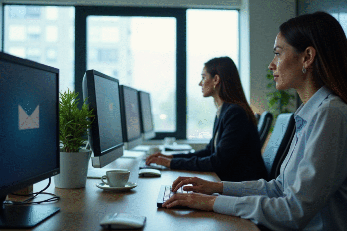 Groupe de professionnels au bureau avec écran d'email professionnel