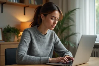 Femme consultant les paramètres de confidentialité de son historique Google sur un ordinateur portable dans un bureau à domicile