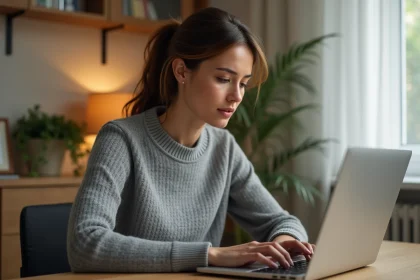 Femme consultant les paramètres de confidentialité de son historique Google sur un ordinateur portable dans un bureau à domicile