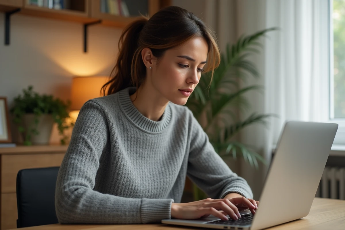 Femme consultant les paramètres de confidentialité de son historique Google sur un ordinateur portable dans un bureau à domicile