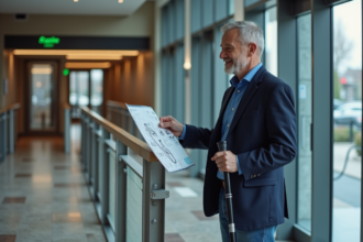 Homme d'âge moyen examine une carte tactile d'accessibilité à l'entrée