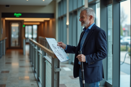 Homme d'âge moyen examine une carte tactile d'accessibilité à l'entrée