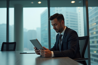 Homme d'affaires examine des données sur une tablette en bureau moderne