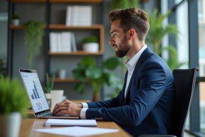 Jeune homme d'affaires analysant des graphiques au bureau
