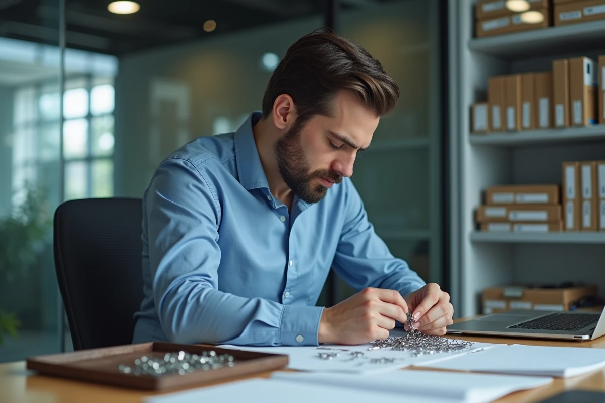 Homme en bleu assemble des papierclips dans un bureau moderne