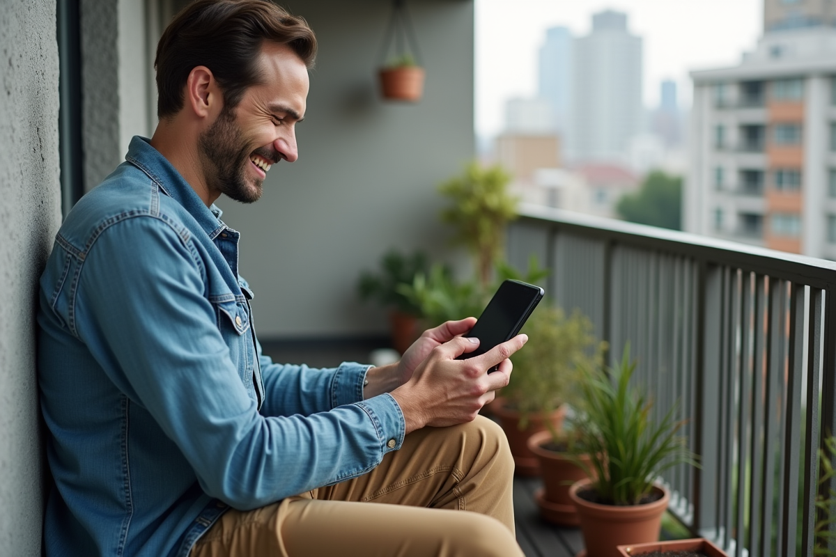 Homme détendu sur un balcon avec une tablette en main