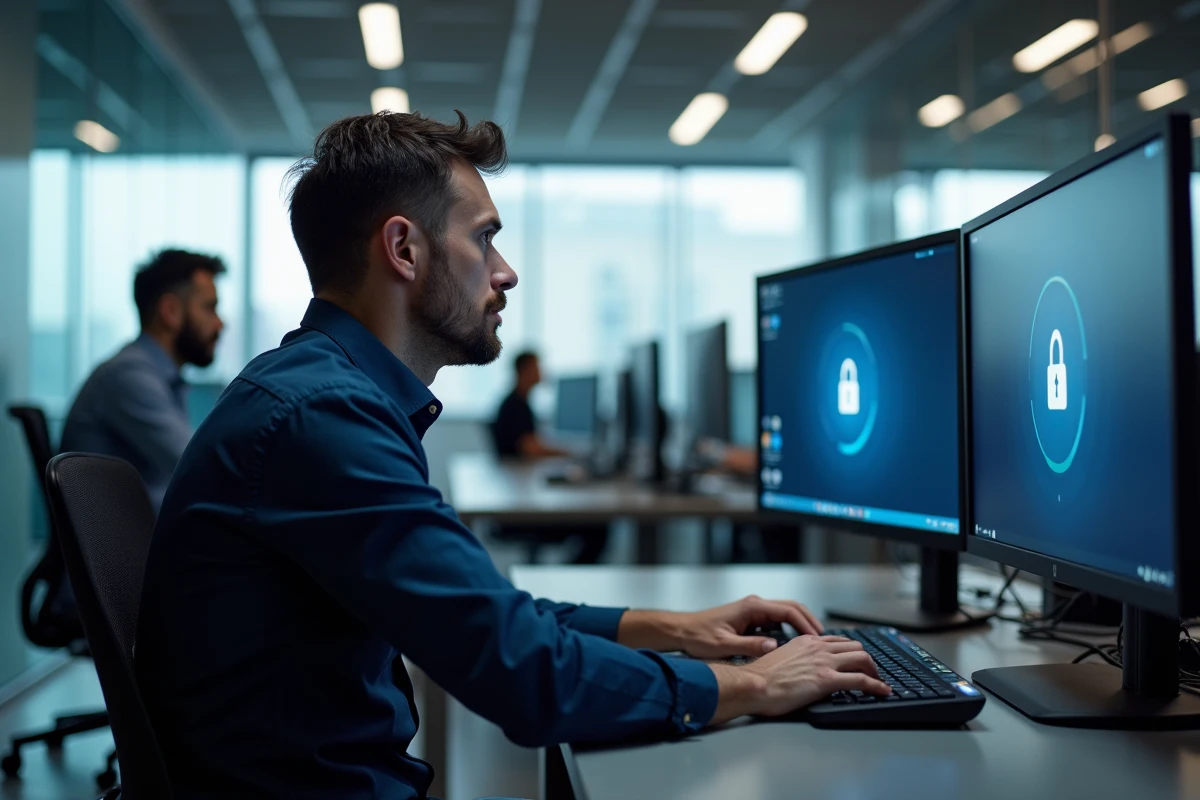 Homme en bureau professionnel tentant de récupérer ses identifiants de connexion sur un portail en ligne type Melanie2web