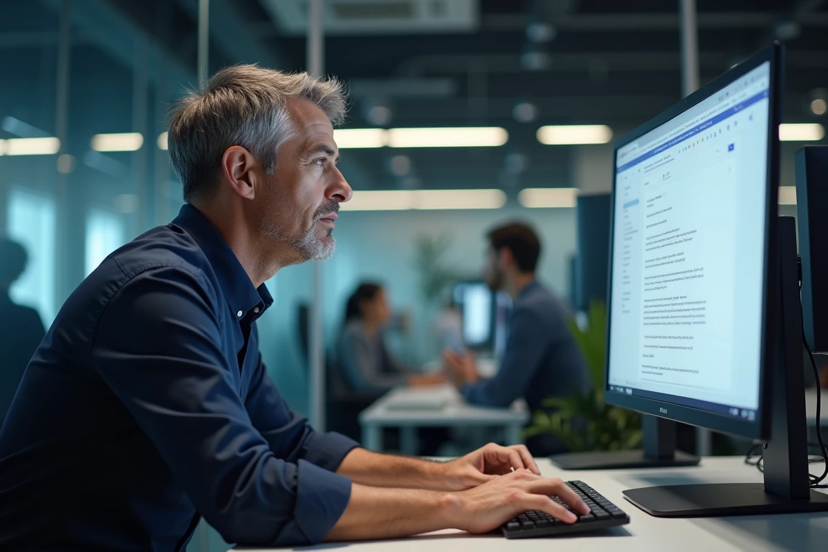 Homme en bureau d'entreprise insérant un caractère spécial dans Google Docs via un raccourci clavier