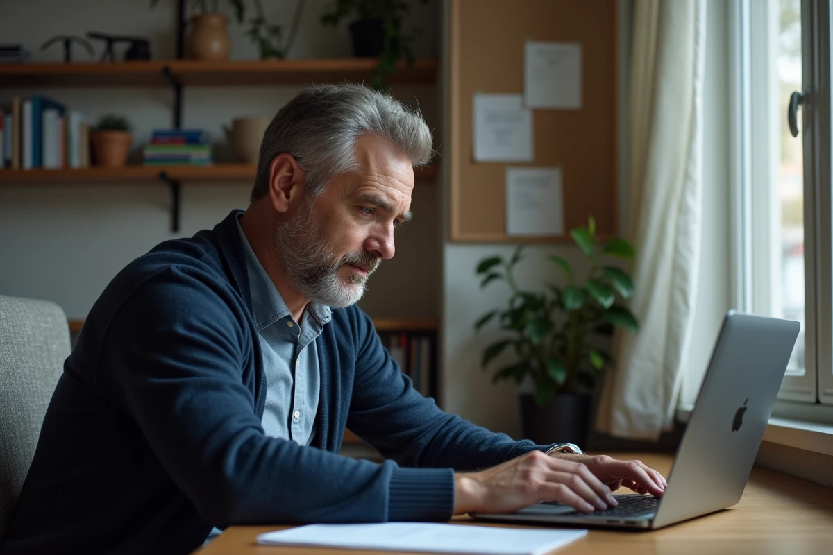 Homme d'âge moyen travaillant sur son ordinateur dans un bureau à domicile